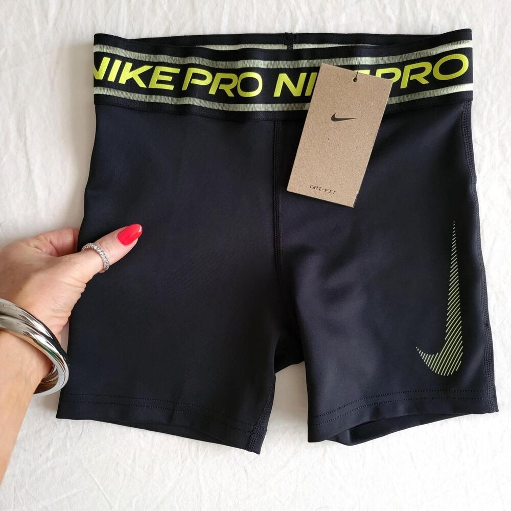 NWT NIKE PRO girl's training shorts in black and electric yellow.